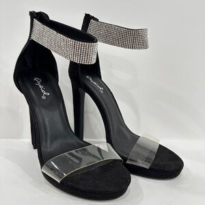 Qupid Black Suede Rhinestone High Heel Sandals